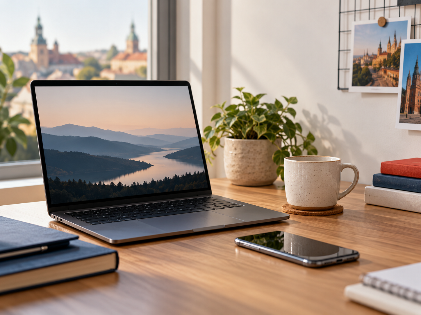 Laptop, telefon i notatnik na współczesnym biurku